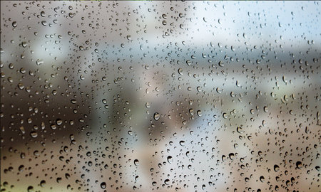 Background with rain drops close up. Rain drops on outdoor window, Closeup view transparent water drops on glass surface, humid water backdrop, blurred background with copy space for your textの写真素材