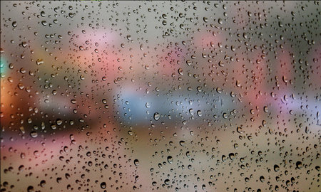 Background with rain drops close up. Rain drops on outdoor window, Closeup view transparent water drops on glass surface, humid water backdrop, blurred background with copy space for your textの写真素材