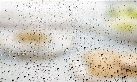 Background with rain drops close up. Rain drops on outdoor window, Closeup view transparent water...