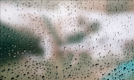 Background with rain drops close up. Rain drops on outdoor window, Closeup view transparent water drops on glass surface, humid water backdrop, blurred background with copy space for your textの写真素材