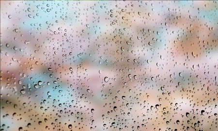 Background with rain drops close up. Rain drops on outdoor window, Closeup view transparent water drops on glass surface, humid water backdrop, blurred background with copy space for your textの写真素材