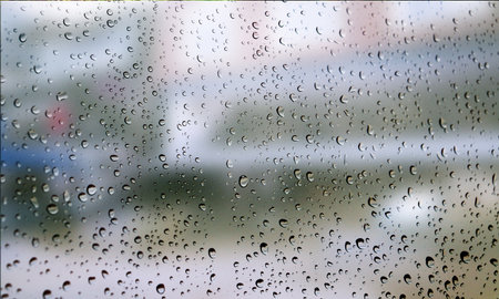 Background with rain drops close up. Rain drops on outdoor window, Closeup view transparent water drops on glass surface, humid water backdrop, blurred background with copy space for your textの写真素材