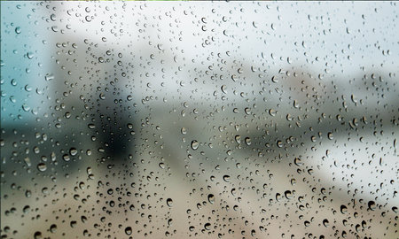Background with rain drops close up. Rain drops on outdoor window, Closeup view transparent water drops on glass surface, humid water backdrop, blurred background with copy space for your textの写真素材