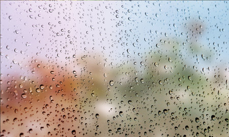 Background with rain drops close up. Rain drops on outdoor window, Closeup view transparent water drops on glass surface, humid water backdrop, blurred background with copy space for your textの写真素材