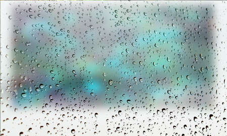 Background with rain drops close up. Rain drops on outdoor window, Closeup view transparent water drops on glass surface, humid water backdrop, blurred background with copy space for your textの写真素材