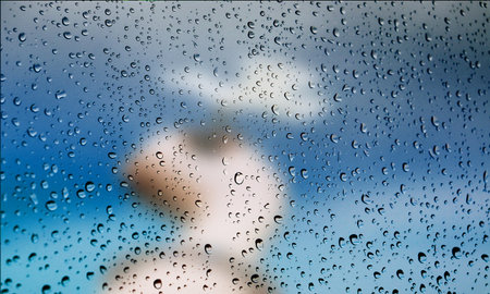Background with rain drops close up. Rain drops on outdoor window, Closeup view transparent water...