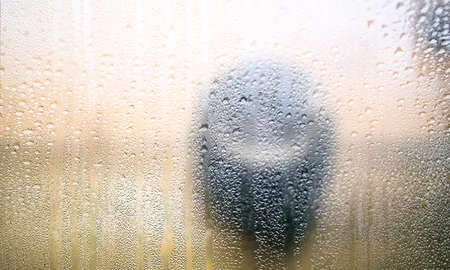 Background with rain drops close up. Rain drops on outdoor window, Closeup view transparent water...