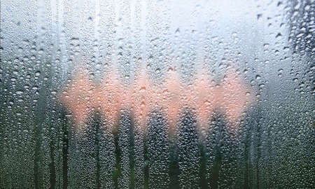 Background with rain drops close up. Rain drops on outdoor window, Closeup view transparent water...