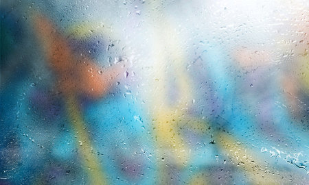 Background with rain drops close up. Rain drops on outdoor window, Closeup view transparent water drops on glass surface, humid water backdrop, blurred background with copy space for your textの写真素材