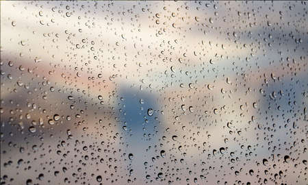 Background with rain drops close up. Rain drops on outdoor window, Closeup view transparent water...
