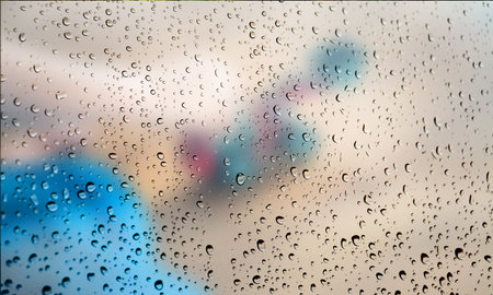 Background with rain drops close up. Rain drops on outdoor window, Closeup view transparent water...
