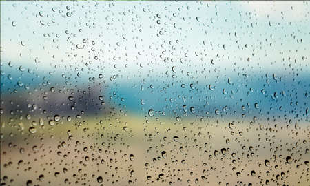 Background with rain drops close up. Rain drops on outdoor window, Closeup view transparent water...