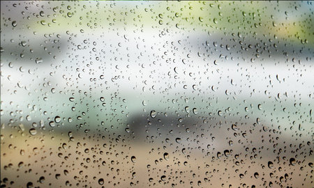 Background with rain drops close up. Rain drops on outdoor window, Closeup view transparent water...