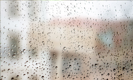 Background with rain drops close up. Rain drops on outdoor window, Closeup view transparent water...