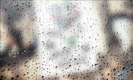 Background with rain drops close up. Rain drops on outdoor window, Closeup view transparent water...