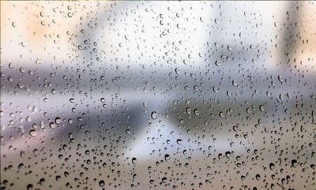 Background with rain drops close up. Rain drops on outdoor window, Closeup view transparent water...