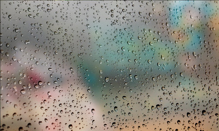 Background with rain drops close up. Rain drops on outdoor window, Closeup view transparent water...