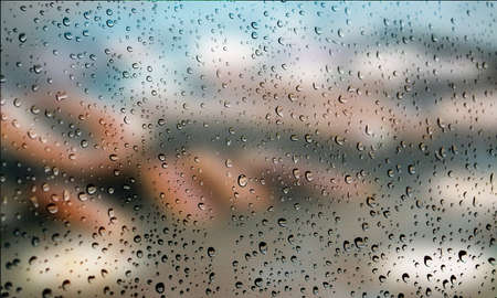 Background with rain drops close up. Rain drops on outdoor window, Closeup view transparent water...