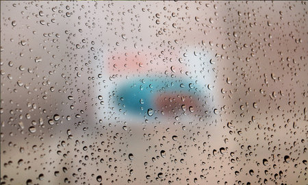 Background with rain drops close up. Rain drops on outdoor window, Closeup view transparent water...