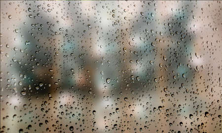 Background with rain drops close up. Rain drops on outdoor window, Closeup view transparent water...