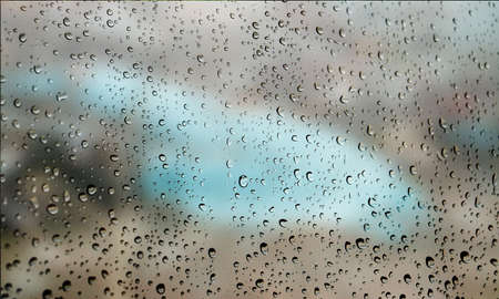 Background with rain drops close up. Rain drops on outdoor window, Closeup view transparent water...