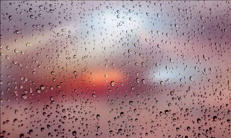 Background with rain drops close up. Rain drops on outdoor window, Closeup view transparent water...