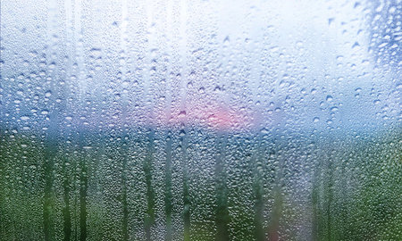 Water drops on window glass, closeup view. Rainy weather