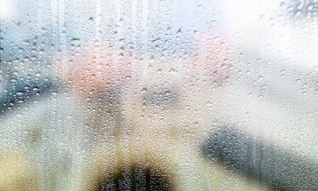 Drops of rain on the window, rainy season, blurred background