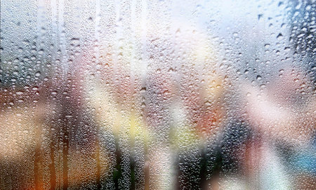 Background with rain drops close up. Rain drops on outdoor window, Closeup view transparent water...