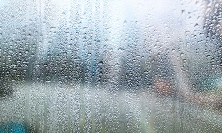 Background with rain drops close up. Rain drops on outdoor window, Closeup view transparent water...
