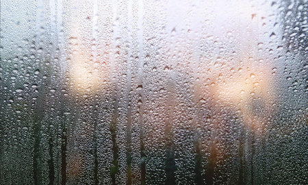 Condensation on the window. Raindrops on the window in the morning.