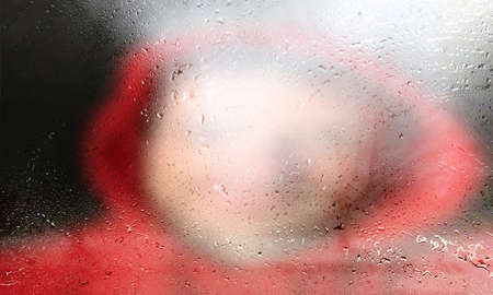 Background with rain drops close up. Rain drops on outdoor window, shallow DOF.