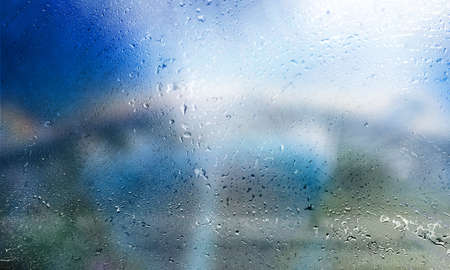 Background with rain drops close up. Rain drops on outdoor window, Closeup view transparent water...