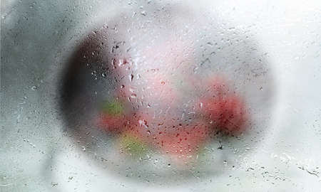 Background with rain drops close up. Rain drops on outdoor window, Closeup view transparent water...