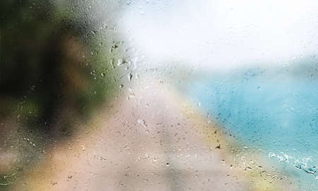 Background with rain drops close up. Rain drops on outdoor window, Closeup view transparent water...