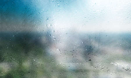 Background with rain drops close up. Rain drops on outdoor window, Closeup view transparent water...