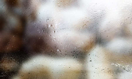 Background with rain drops close up. Rain drops on outdoor window, Closeup view transparent water...
