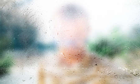 Background with rain drops close up. Rain drops on outdoor window, humid water backdrop, blurred...