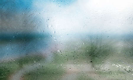 Background with rain drops close up. Rain drops on outdoor window, Closeup view transparent water...