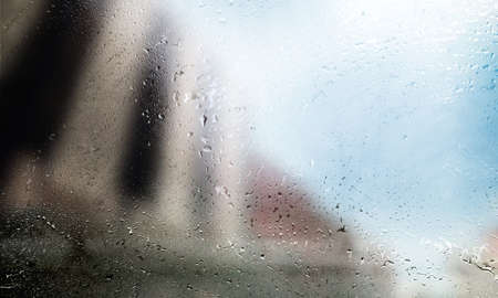 Background with rain drops close up. Rain drops on outdoor window, Closeup view transparent water...
