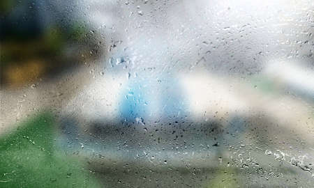 Background with rain drops close up. Rain drops on outdoor window, Closeup view transparent water...