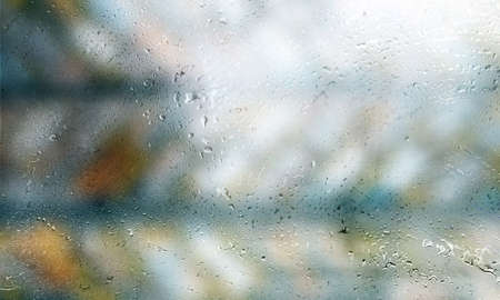 Background with rain drops close up. Rain drops on outdoor window, Closeup view transparent water...