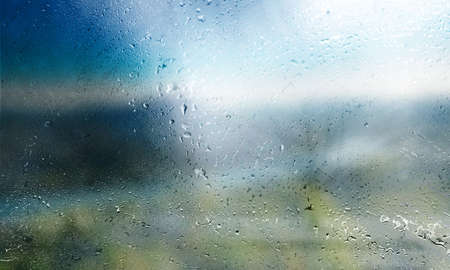 Background with rain drops close up. Rain drops on outdoor window, Closeup view transparent water...