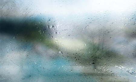 Background with rain drops close up. Rain drops on outdoor window, humid water backdrop, blurred...