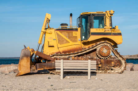 A sand replenishment construction site on the beachのeditorial素材