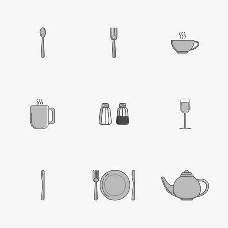Set of simple icons for utensiles spoon, knife, fork, plate, cup, mug, teapot, salt cellar, pepper pot, wine glass on grey background.のイラスト素材