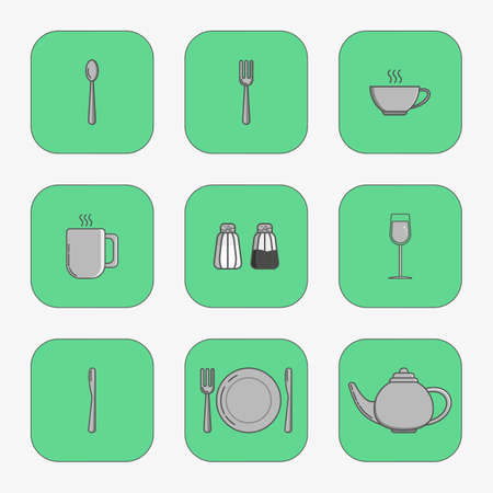 Set of simple icons for utensiles spoon, knife, fork, plate, cup, mug, teapot, salt cellar, pepper pot, wine glass in squares on green background.のイラスト素材
