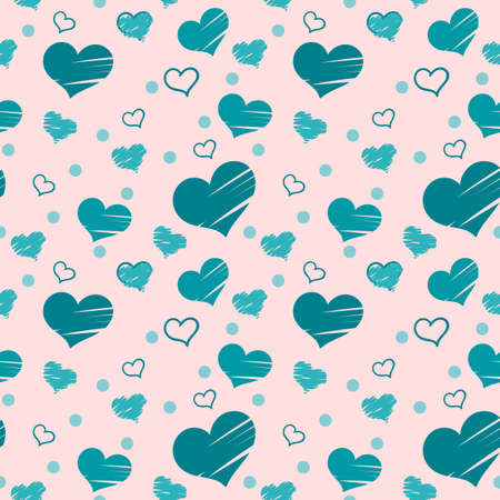 Seamless pattern with blue hearts placed randomly on pink background. Filled with brush strokes and only with outer line.のイラスト素材