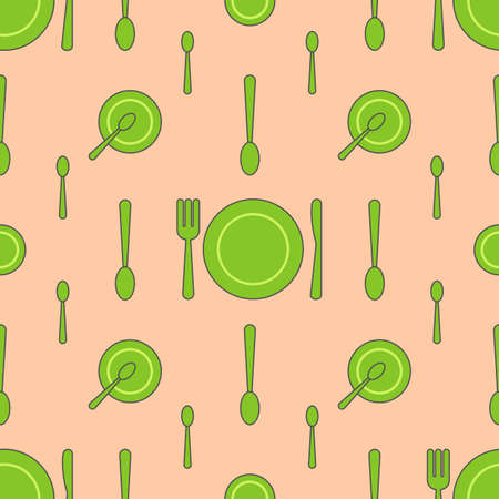 Seamless pattern with green plate, fork, knife and spoon in different variations on beige backgroundのイラスト素材