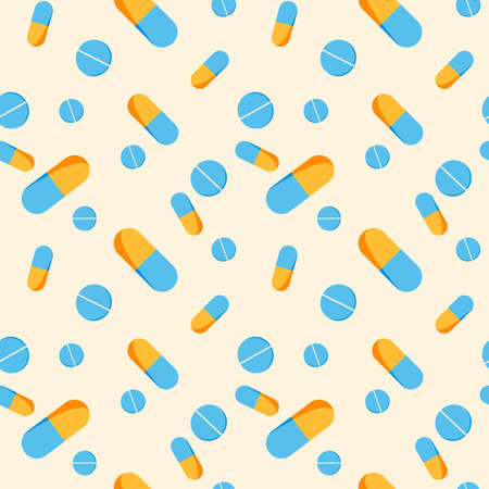 Seamless pattern with yellow and blue capsules and blue pillsのイラスト素材